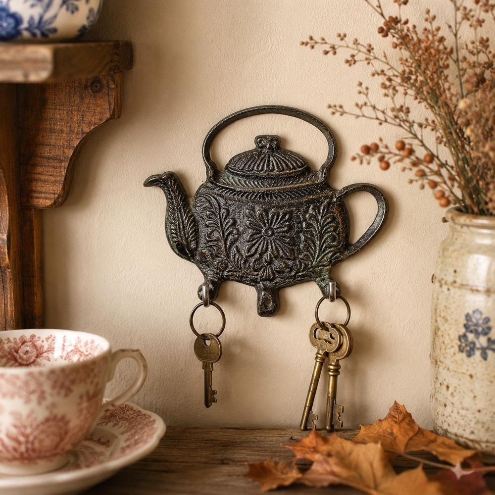 Vintage Teapot Wall Hook Key Holder Cast Metal Kitchen Decor Cottage Farmhouse